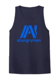 Navy tank top with blue logo and text 'ahungryman' on a white background